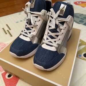 MICHAEL KORS Georgie Denim And Silver White Leather Trainer High-Top Sneakers
